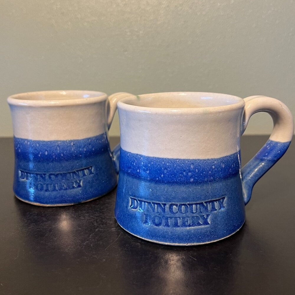 Dunn County Pottery Handcrafted Mugs Blue White Dipped Glaze Set of 2 Wisconsin